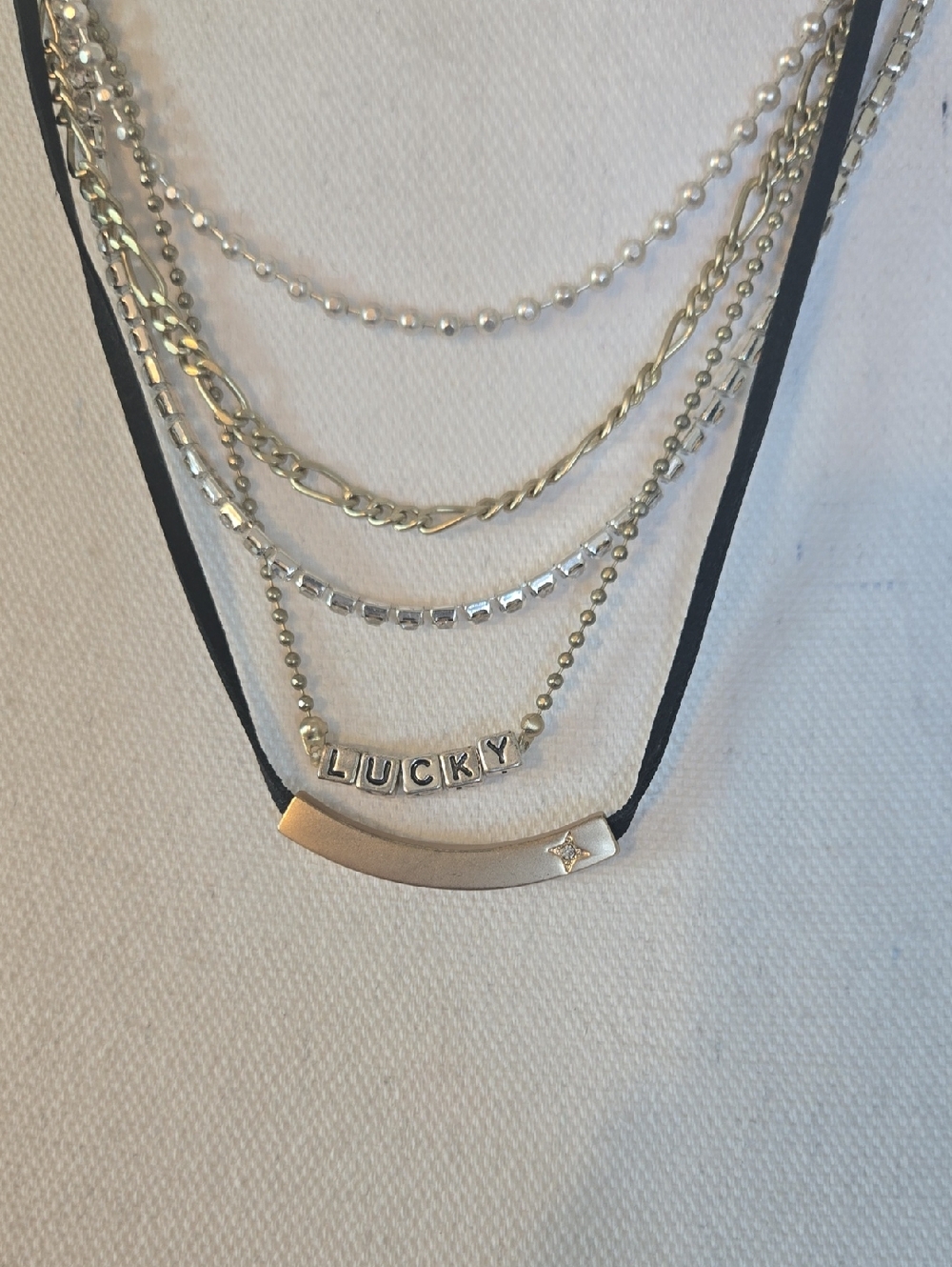 Lucky Brand Layered Silver and Black Multi-Chain Necklace